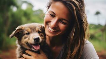 ai generativo. ritratto di un' sorridente donna con sua cane nel il campagna. foto