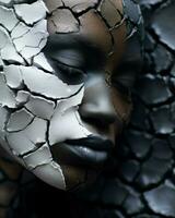 un' donna con Cracked pelle e dipingere su sua viso è raffigurato nel il Immagine.. generativo ai foto