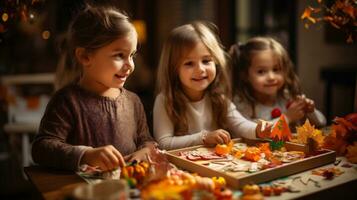 ai generativo. carino poco ragazze siamo seduta a il tavolo con autunno decorazione e sorridente foto