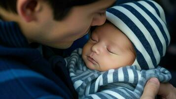 giovane uomo Tenere il suo bambino. generativo ai foto