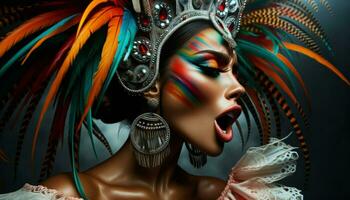 un intenso avvicinamento di un' latina donna, sua viso dipinto con vivace colori, come lei esegue un' tradizionale danza.. generativo ai foto