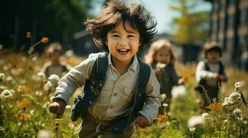 gruppo di asiatico bambini giocando e in esecuzione nel un Aperto campo.. generativo ai foto