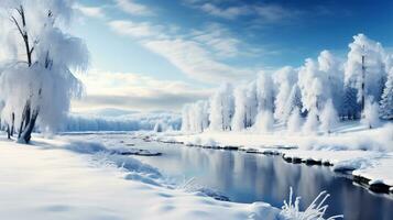 ai generativo. bellissimo inverno paesaggio con neve coperto alberi foto