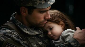 ai generativo. ritratto di giovane soldato con il suo poco figlia foto