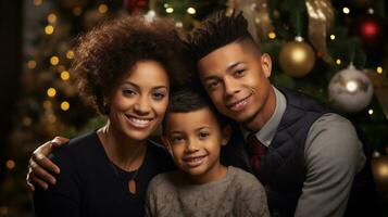 ai generativo. famiglia, Natale, vacanze e persone concetto - contento africano americano famiglia al di sopra di Natale albero luci sfondo foto