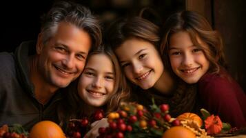 ai generativo. ritratto di contento famiglia con zucche e frutti di bosco foto