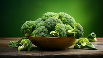 ai generativo. fresco broccoli su un' di legno tavola. buio sfondo. selettivo messa a fuoco. foto