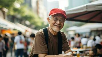 asiatico vecchio uomo visitare un' strada mercato nel il strade di Asia. generativo ai foto