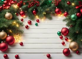 bianca di legno struttura con Natale ornamento palle e pino albero decorazione telaio con copyspace foto