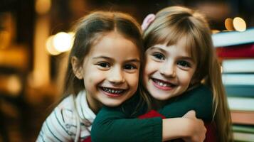 Due giovane ragazze con luminosa sorrisi, Abbracciare una persona ogni Altro.. generativo ai foto