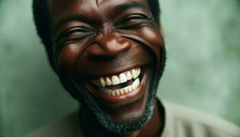 un' sorridente nero uomo con un' barba è raffigurato nel il Immagine.. generativo ai foto