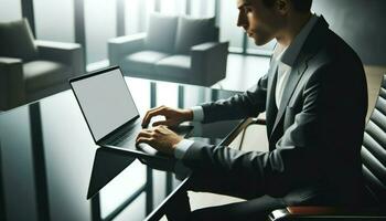 un' uomo d'affari utilizzando un' con schermo vuoto il computer portatile a un' moderno ufficio scrivania, guardare intensamente a il schermo.. generativo ai foto