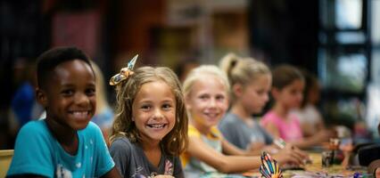 un' multietnico gruppo di giovane bambini nel un' aula collocamento.. generativo ai foto