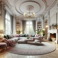 lusso vivente camera interno con divano, caffè tavolo, scaffale e tappeto. 3d rendere foto