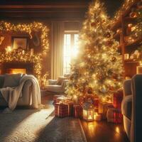 Natale decorazione con ardente candele, Pan di zenzero Casa, Natale albero e bokeh sfondo. foto