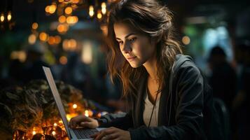 giovane bellissimo femmina ufficio lavoratore Lavorando su il computer portatile nel coworking spazio, femmina esecutivo donna d'affari foto