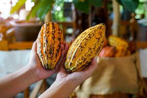 cacao, cacao, cioccolato Noce albero. frutta sagomato piace un' papaia su il tronco o rami. simile a una zucca pelle, di spessore pelle, cacao fagioli siamo elaborato in cioccolato. morbido e selettivo messa a fuoco. foto