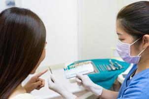 dentista che mostra la cartella colori dei denti al paziente in clinica odontoiatrica foto