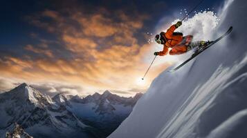 ai generativo inverno estremo gli sport freddo tiro di sciare nel movimento foto