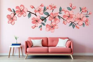 moderno vivente camera interno con un' rosa divano e un' dipinto sakura ramo su il parete. generato di artificiale intelligenza foto
