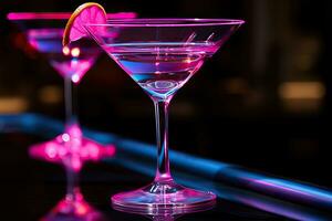 Martini bicchiere su su il bar contatore con neon luci. generato di artificiale intelligenza foto