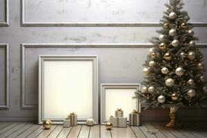 Natale telaio modello con abete albero, regalo scatole e palline ai generato foto