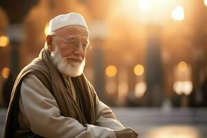 musulmano vecchio uomo nel moschea ai generativo foto