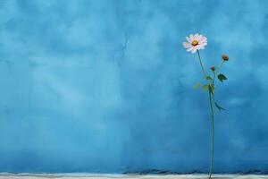 blu piatto parete con fiore su il lato ai generativo foto