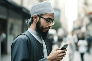 musulmano uomo e il suo Telefono ai generativo foto