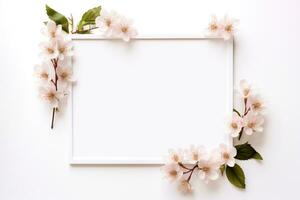 ai generato fiore telaio su bianca con copia spazio foto