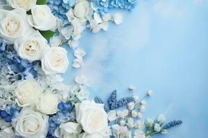ai generato fiori su blu con copia spazio foto