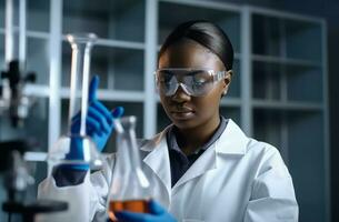 africano femmina scienziato laboratorio. creare ai foto