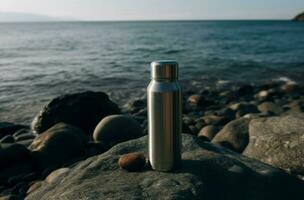 metallico campeggio thermos su montagna. creare ai foto