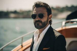 elegante uomo d'affari su personale yacht. creare ai foto