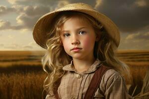 diligente americano contadino ragazza a Grano campo. creare ai foto