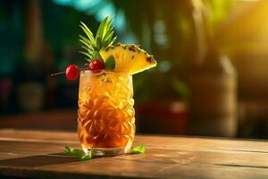 bicchiere di fresco Mai tai cocktail con ananas, menta e ciliegia su il bar contatore. ai generativo foto