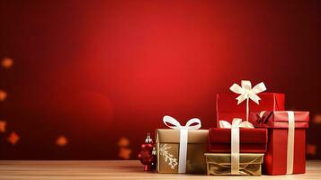 Natale i regali carta su un' di legno tavolo con un' rosso colore generato di ai foto