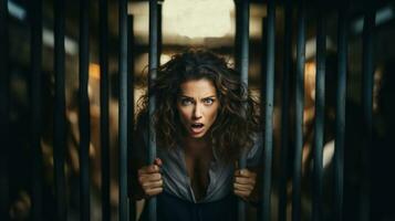donna nel un' gabbia. ragazza stressato e disperato intrappolati nel acciaio gabbia prigione. foto