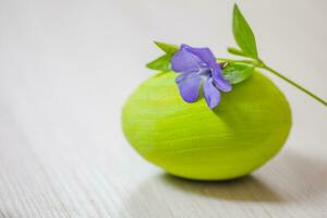 fiore vinca vicino il verde Pasqua uovo. Pasqua sfondo. foto