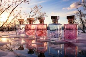 profumo bottiglie modello con natura sfondo foto