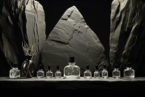 profumo bottiglie modello su il buio tono natura sfondo foto