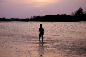 silhouette di solitario uomo a piedi nel per il mare a tramonto foto