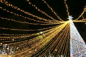 Guarda su Visualizza sfocato e bokeh di Natale albero illuminazione su notte tempo sfondo. foto