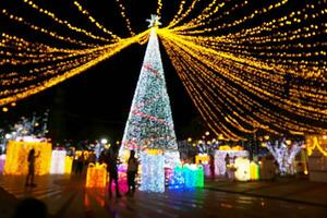 avvicinamento sfocato e bokeh di Natale vacanza illuminazione con persone a città tempo piazza su notte tempo sfondo. foto