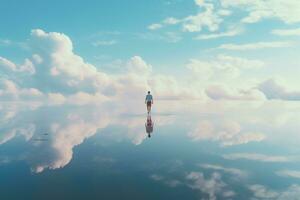 un' uomo su il in piedi su il calma mare ai generativo foto