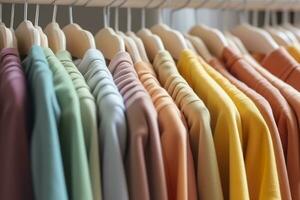 colorato Abiti su un' capi di abbigliamento cremagliera, pastello colorato guardaroba nel un' shopping memorizzare o Camera da letto, arcobaleno colore Abiti scelta su grucce, casa armadio concetto Immagine. ai generativo foto