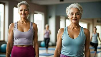 ai generativo salutare stile di vita concetto, anziano bellissimo donna a yoga fitness classe foto