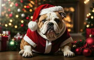 ai generativo ritratto di adorabile inglese bulldog vestito nel Santa Claus capi di abbigliamento stile, festivo sfondo, bandiera con copia spazio testo foto