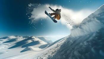 ai generativo uomo su un' Snowboard equitazione giù il montagna, estremo sport sfondo, bandiera foto