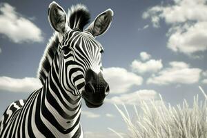 ritratto di un' giovane zebra in piedi contro un' verde cespuglio, ai generato foto